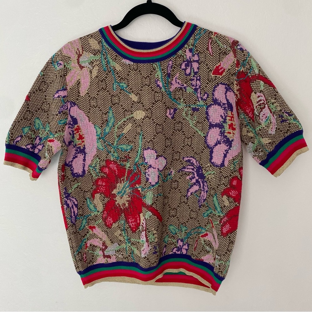 Gucci Metallic Floral Double G Wool Blend Cardigan